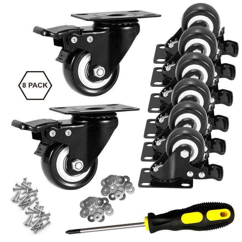 ASHGOOB 2" Caster Wheels Set of 8, Heavy Duty Casters with Brake, No Noise Locking Casters with Polyurethane (PU) Wheels, Swivel Plate Castors Pack of 8 - Image 2